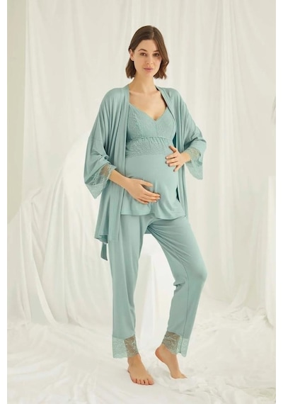 Monamise 18469 Yeşil Hamile Lohusa 3'lü Pijama Sabahlık Tk 001