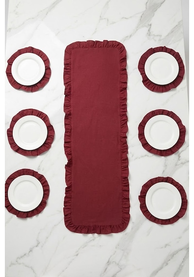 Yunusoğlu Home Fırfırlı Runner Ve Supla Takımı - Masa Örtüsü Takımı 7 Parça 150x50 Cm Bordo