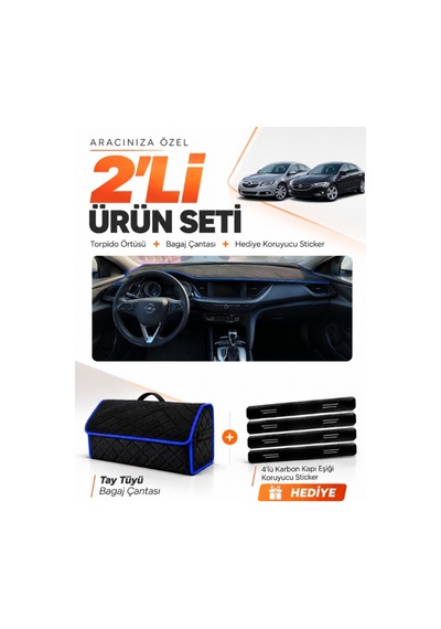 E-biz Opel İnsignia 2017-2026 Uyumlu Torpido Örtüsü + Tay Tüyü Bagaj Çantası - Siyah-mavi - Op021