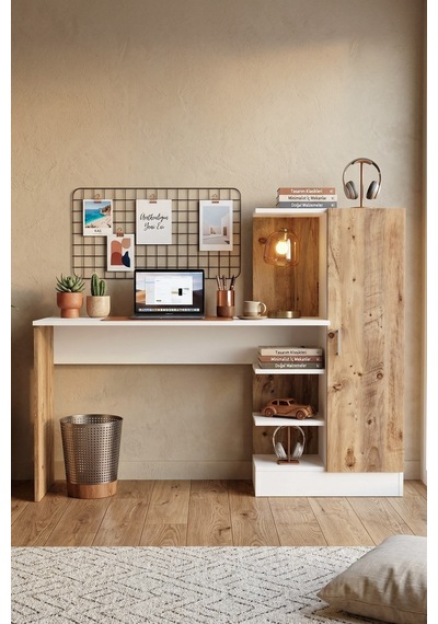 Yurudesign Laura Kitaplıklı Çalışma Masası Atlantik Çam Beyaz CT2