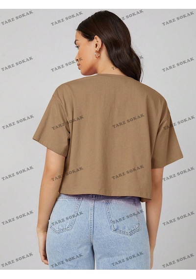 Flood Of Style Crop Ckod-232913 Pamuk Damla Omuz Düz Kısa Kahverengi