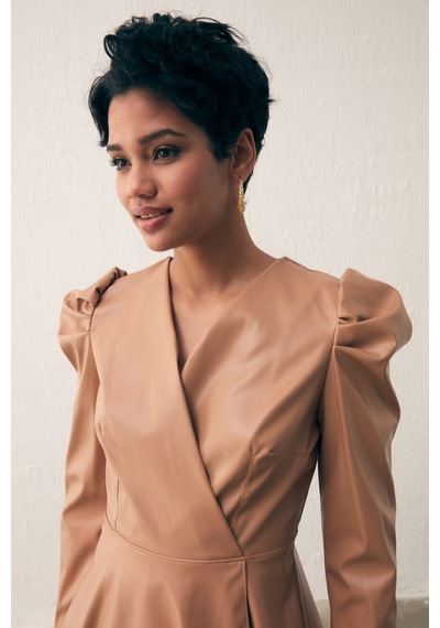 Sateen Kruvaze Deri Bluz - Camel