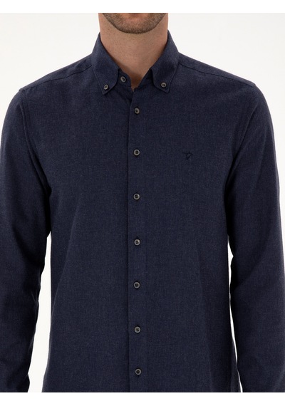 Cacharel Lacivert Slim Fit Pamuk Karışımlı Yakası Düğmeli Flanel Gömlek