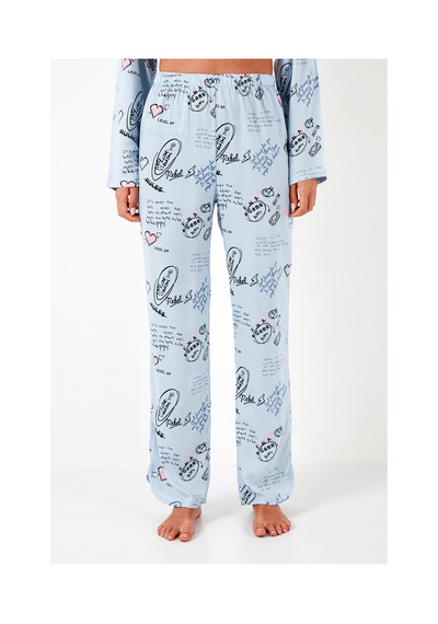 Lela Desenli Rahat Kesim Bol Paça Yazlık Bayan Pijama Takımı 6110014 Açık Mavi