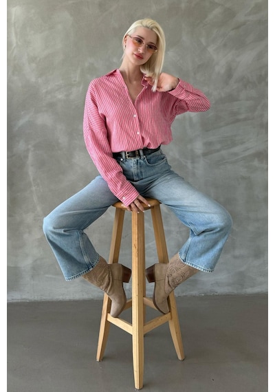 Madmext Pembe Çizgili Oversize Kadın Gömlek Mg2327 Pembe