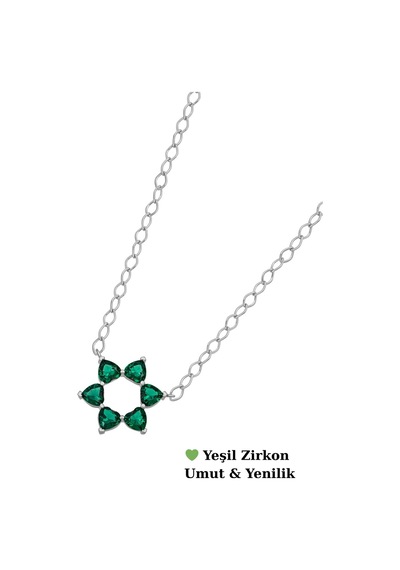 Aşkın Fısıltısı Mekik Zincir Gerdanlık Kolye Yeşil Zirkon Kalp Taşlı 925 Ayar Gümüş Gümüş