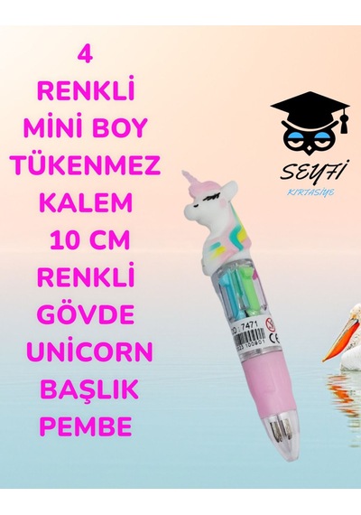 4 Renkli Mini Boy Tükenmez Kalem 10 Cm Renkli Gövde Unicorn Başlık Pembe