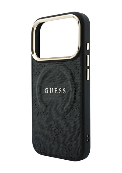 Apple iPhone Uyumlu 18 Pro Max Kılıf Guess Lisanslı M-safeli Yazı Logolu C-magnet Pu Deri Peony Kapak Siyah