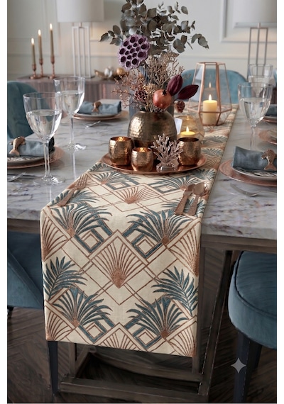 Premium Masa Runner Dijital Baskılı Soyut Şekil Desenli Dekoratif Salon Mutfak Yemek Masası Runner Örtüsü 45x140 Cm Kahverengi