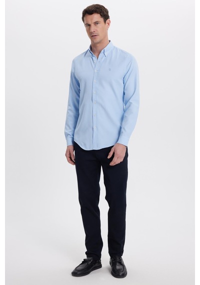 Tudors Erkek Slim Fit Dar Kesim Düz Oxford Armalı Yaka Düğmeli Mavi Spor Gömlek-42011 Mavi