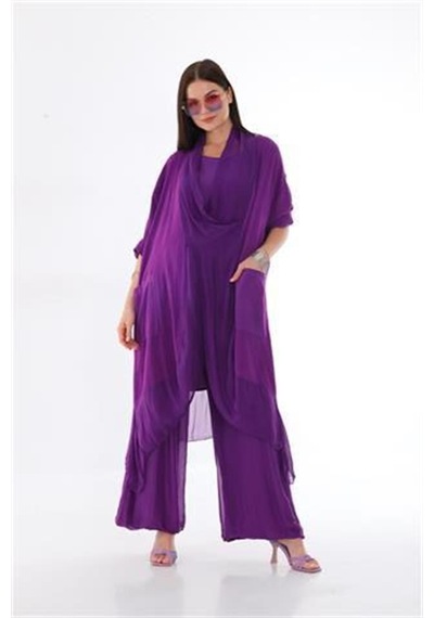 Italyan Ipek Detaylı Oversize Kap Bluz- Wes Pantolon Takım Mor