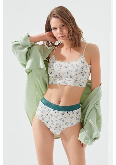 Cottonhill Krem Çiçek Desenli Ayarlanabilir Askılı Lazer Kesim Kadın Crop Büstiyer Dsn21