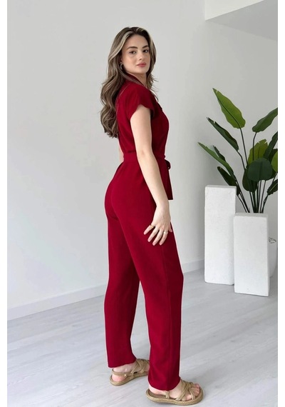 Modalima Kırmızı Kuşaklı Keten Tulum Çok Renkli