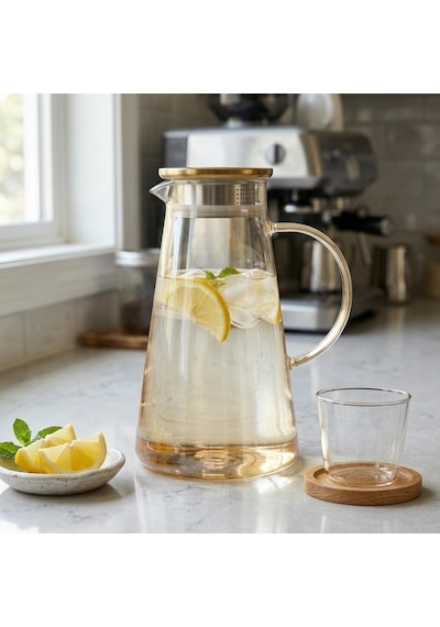 Deconox Borosilikat Cam Sürahi 1.9 Litre - Isıya Dayanıklı, Gold Renk Luster Boyalı Ve Paslanmaz Çelik Süzgeçli