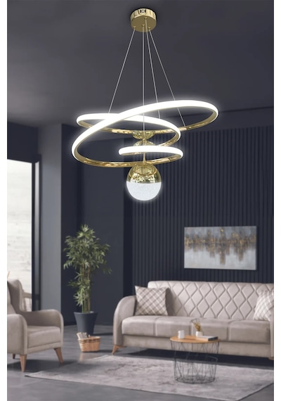 Eylül Büyük Modern Sarkıt Ledli Avize - 3 Renk Kumandalı - Gold Gold