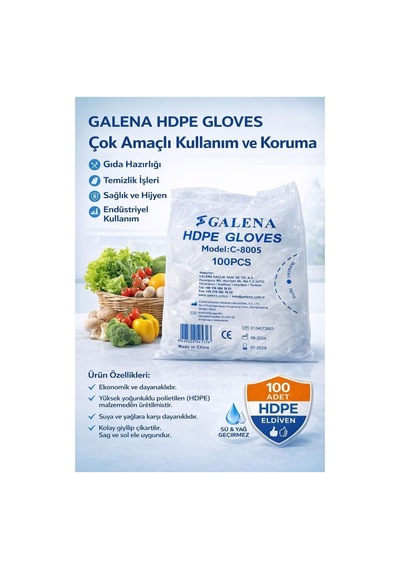 Galena Hdpe Şeffaf Eldiven, Tek Kullanımlık, Gıda Ve Temizlik İçin, 100 Adet