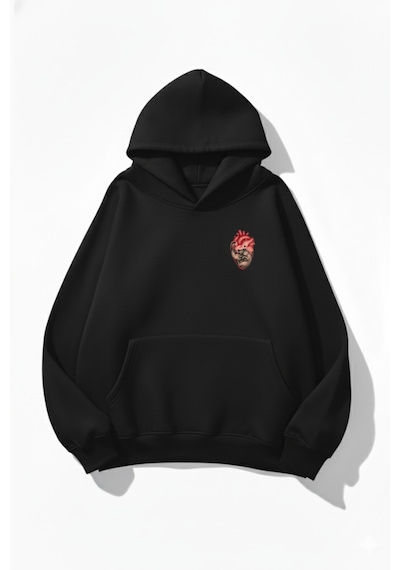 Uyguntarz Unisex Yumuşak Dokulu Canım Kedilerim Baskılı Tasarım Oversize 3 İplik Hoodie Sweatshirt siyah