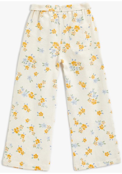 Koton Keten İspanyol Paça Pantolon Çiçekli Beli Kemerli Sarı Desenli 4skg40096aw Sarı