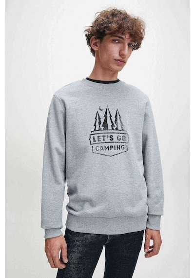 Lets Go Camping Çam Baskılı Gri Melanj Erkek Örme Sweatshirt