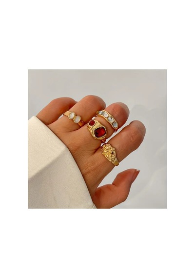 Olivien - 4 Adet Renkli Taşlı Retro Tasarım Çoklu Gold Altın Vintage Hediyelik Yüzük Seti