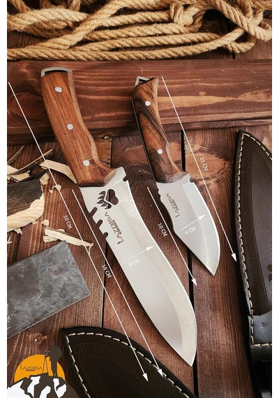 Outdoor Piknik Bıçak 2 Li Set Kamp Bıçağı Çakısı Şef Bıçağı Kılıflı El Yapımı Ceviz Ağacı Sap Diğer