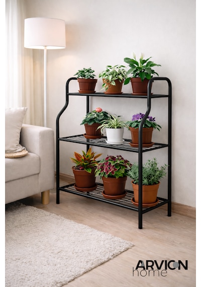 Modern Siyah 3 Katlı Metal Mutfak Ve Dekoratif Saksılık Çiçeklik Dayanıklı Raflı Stand-organizer Siyah