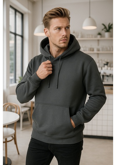 Rich Erkek Füme Pamuklu Cep Detaylı Kapüşonlu Sweatshirt Füme