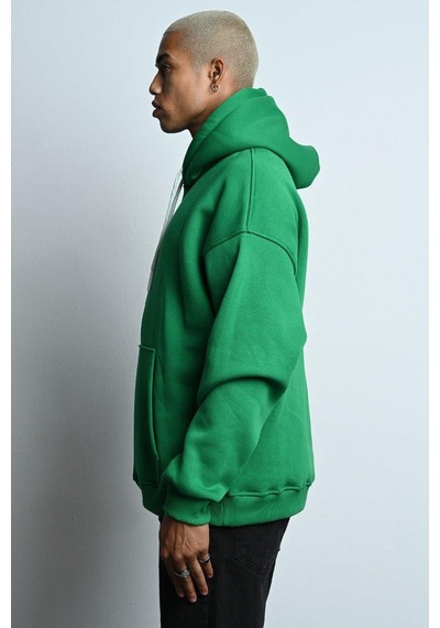 Oversize Kapşonlu Kanguru Cepli İçi Polarlı 3 İplik Erkek Sweatshirt Yeşil