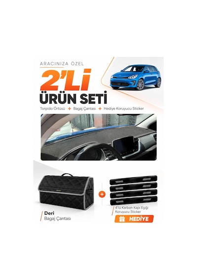 E-biz Kia Rio 2019-2024 Uyumlu Torpido Örtüsü + Deri Bagaj Çantası Seti - Siyah-gri - Kı014