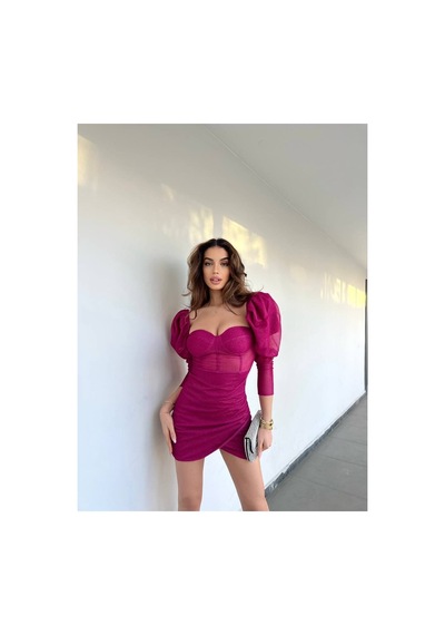 Wellway Simli Tül Kumaş Içi Astarlı Gögüs Gloplu Fermuarlı Kırmızı Mini Elbise - Pembe Pembe