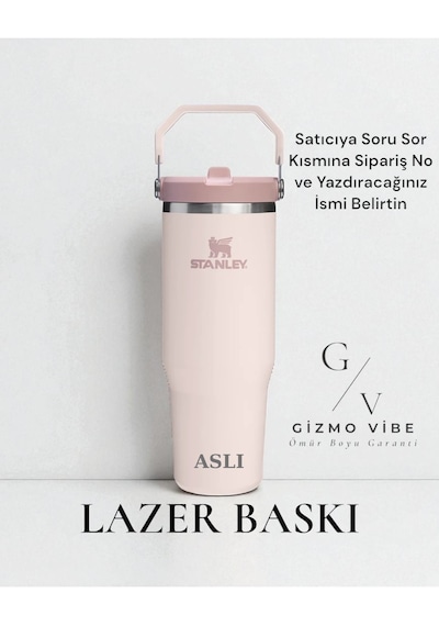 Stanley Kişiye Özel The Iceflow Flip Straw Pipetli Termos Bardak Stanley 0.89 L Özel İsimli Açık Pembe
