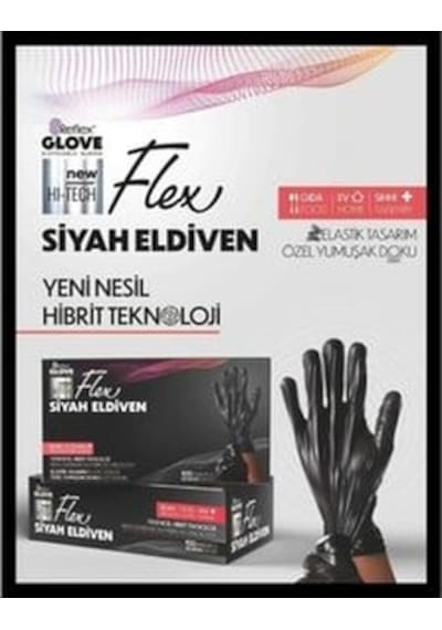Reflex Flex Pudrasız Tek Kullanımlık Siyah Flex Eldiven 100'lü