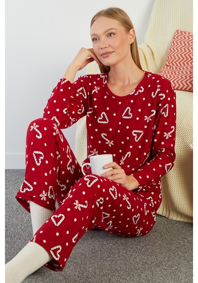 Fullamoda Puantiye Ve Kalp Desenli Bisiklet Yaka Süet Pijama Takımı Bordo