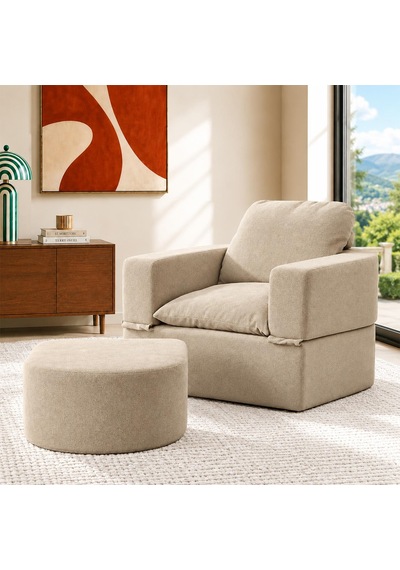 Homedius Sofa Bed Katlanır Yatak Olabilen Berjer Koltuk Puf Seti Krem