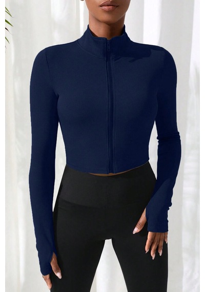 Kadın Lacivert Uzun Kol Fermuarlı Parmak Geçme Detaylı Dik Yaka Crop Top Bluz
