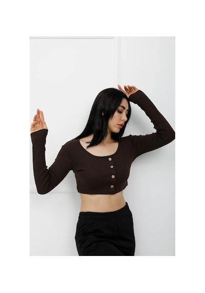 Modi Düğmeli Mini Crop Bady Kahve - P-020494 Altın - Siyah
