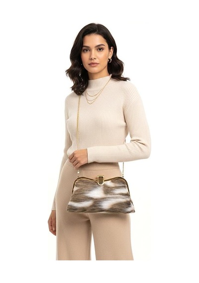 Genel Kahverengi Desenli Suni Kürk Zincirli El Ve Omuz Clutch Portföy Çanta