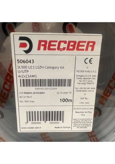 Reçber Sl500 U/f23 Lszh Cat 6a U/utp 100 Metre Gri