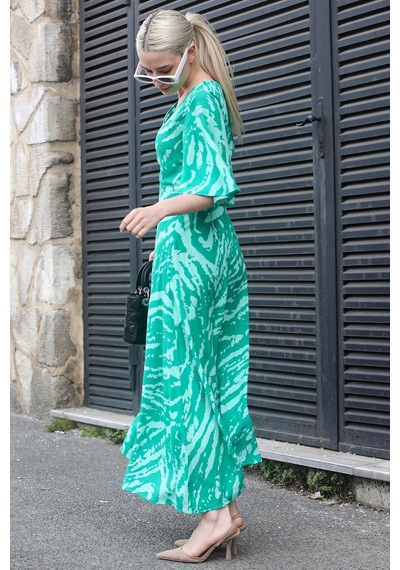 Madmext Yeşil Desenli V Yaka Midi Elbise Mg1797