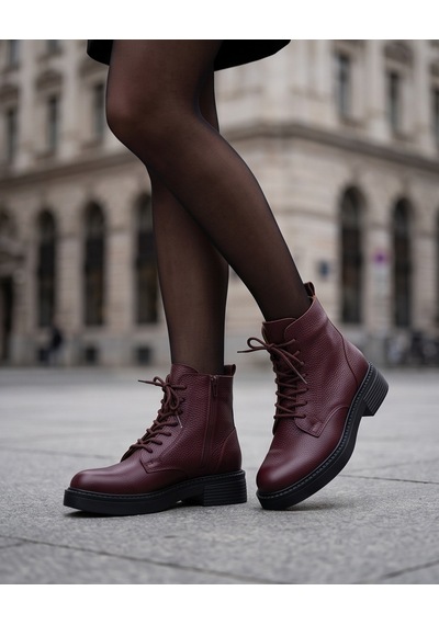 Futsishoes Ravenna Bordo Hakiki Deri Bağcıklı Kalın Taban Topuklu Postal Kadın Bot