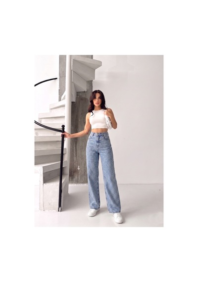 Kene Jeans Ön Taşlı Buz Kar Denim Wide Leg/bol Paça Pantolon Buz Kar