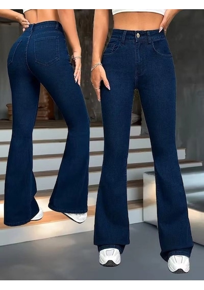 Defymoda Kadın Yüksek Bel Paçaya Doğru Geniş Kot Pantolon Lacivert