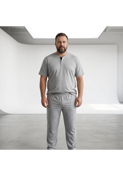 Lacaton Büyük Beden Erkek Patlı Yaka Kısa Kol Pijama Takım Gri