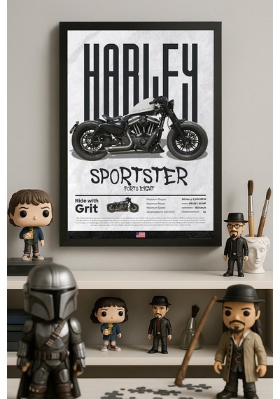 Harley David Sportster 48 Siyah Ahşap Çerçeveli Poster, Dekoratif Motosiklet Duvar Tablosu