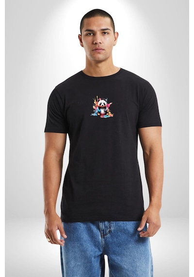 Renkli Yavru Panda Siyah Oversize Unisex Ön Orta Minimal Baskılı Tişört Siyah