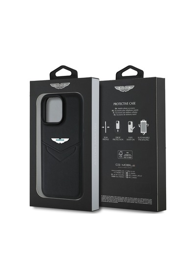 Apple Uyumlu iPhone 16 Pro Max Kılıf Aston Martin Lisanslı Victory Dizayn Deri Metal Logolu Kapak Siyah