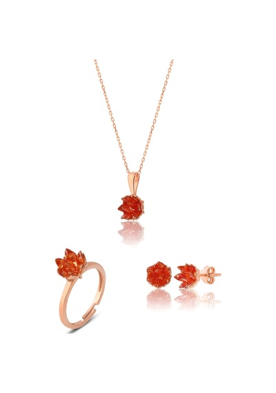 Zanaatsilver 925 Ayar Gümüş Orange Taşlı Rose Kaplama Lotus Çiçeği Takım & Set