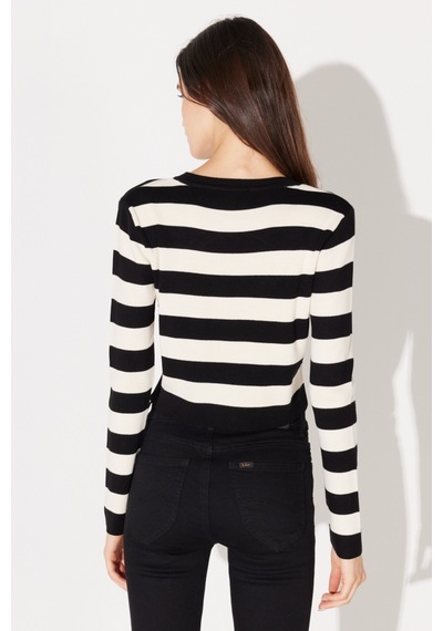 Lee Slim Fit Dar Kesim Bisiklet Yaka Siyah Beyaz Çizgili Crop Triko Kazak L232492001 Siyah