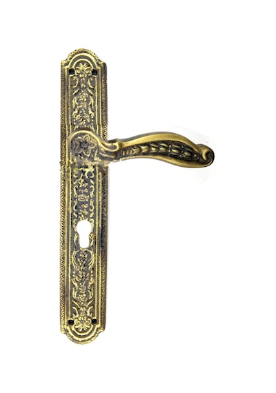 Antik Ulu Model Büyük Kapı Kolu Takımı, 354x57 Mm, Yaylı - Pirinç, Antik, Tarihi, Osmanlı Stil Lale Ve Desen İşlemeli Kapı Kol Takım