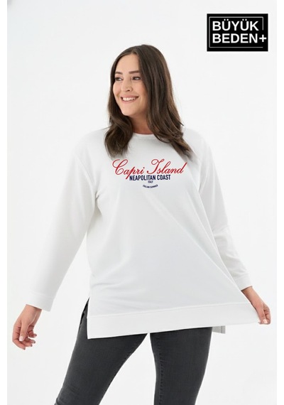 Süperlife Kadın Tunik Büyük Beden Capri Island Baskılı İnce Sweatshırt Spr26btk990-1 Ecru